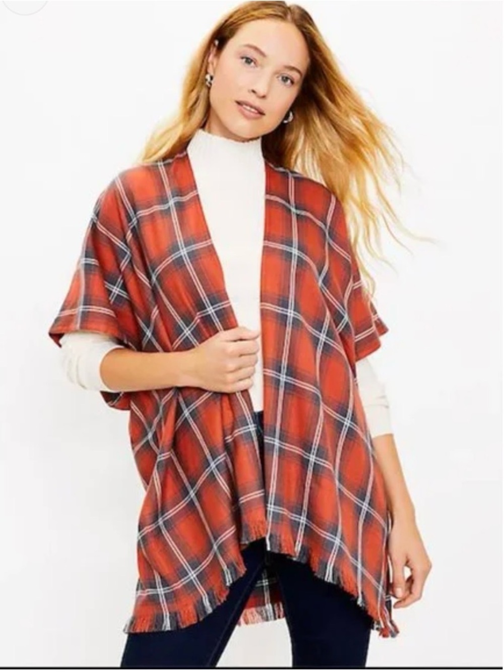 LOFT NWT Rust Plaid Open Front Wrap Poncho